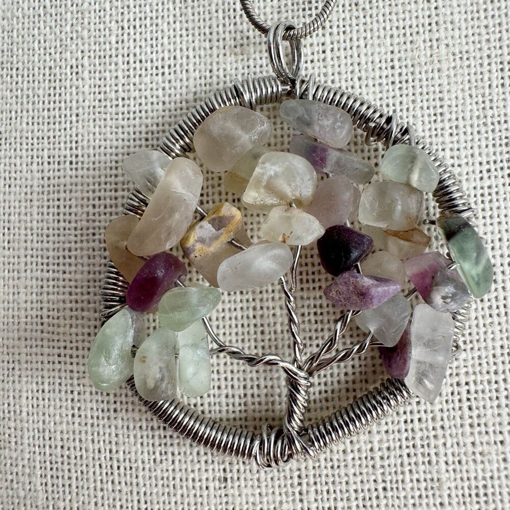 Tree Of Life Necklace Wire Wrapped Quartz Amethyst Natural Stone 22” Chain